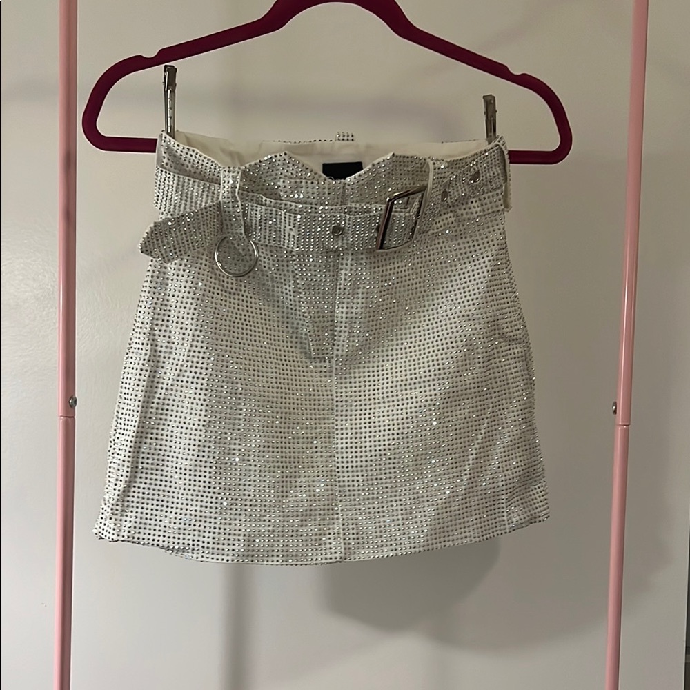 Silver Sequined Mini Skirt with Belt